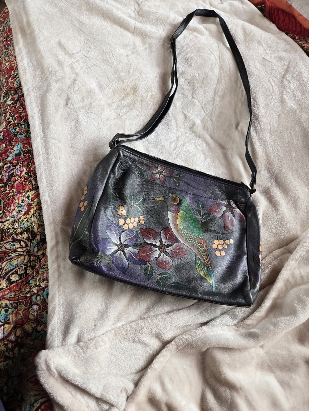 Hand-Painted Black Leather Shoulder Bag with Multicolor Bird Motif